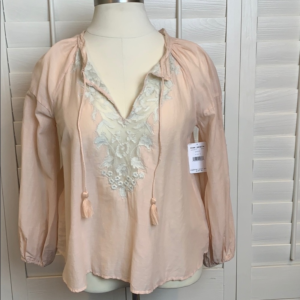 Free people Boho embroidered lace peach top